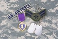 Purple Heart award with dog tags on US AIR FORCE uniform Royalty Free Stock Photo