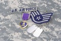 Purple Heart award with dog tags on US AIR FORCE uniform Royalty Free Stock Photo