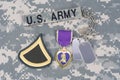 Purple Heart award with dog tags on US ARMY uniform