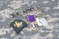 Purple Heart award with dog tags on US ARMY uniform Royalty Free Stock Photo