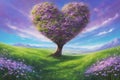 Tree of love and Valentine\'s day on a field in spring at sunset..