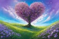 Tree of love and Valentine\'s day on a field in spring at sunset..