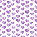 Purple hearts seamless pattern, watercolor illustration