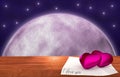 Purple hearts on wooden table - moon background Royalty Free Stock Photo