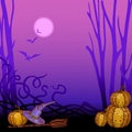 Purple helloween background with pumpkins, broom and witch hat
