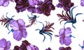 Purple Hibiscus Garden. Gray Flower Backdrop. Lavender Seamless Garden. Watercolor Wallpaper. Pattern Leaf. Tropical Garden. Exoti