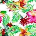 Purple Hibiscus Garden. Green Flower Background. Red Watercolor Textile. Yellow Floral Jungle. Pink Seamless Leaves. Orange Patter Royalty Free Stock Photo