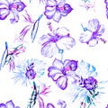 Purple Hibiscus Print. Indigo Flower Background. Blue Seamless Jungle. Watercolor Palm. Pattern Background. Pink Tropical Foliage.