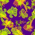 Purple Hibiscus Set. Orange Flower Leaf. Yellow Seamless Leaf. Green Watercolor Backdrop. Neon Pattern Illustration. Vanilla Tropi Royalty Free Stock Photo