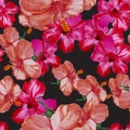 Purple Hibiscus Set. Orange Flower Plant. Red Seamless Garden. Pink Vintage Textile. Pattern Set. Watercolor Print. Tropical Backg