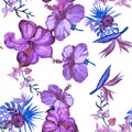 Purple Hibiscus Textile. Violet Flower Decor. Blue Seamless Textile. Watercolor Foliage. Pattern Decor. Pink Tropical Leaf. Exotic
