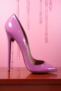 A purple high heeled shoe sitting on top of a wooden table.
