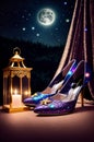 Purple high heeled shoes with stars and a lantern in the background.