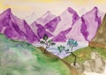 Purple hills, watercolours