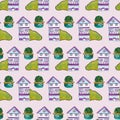 Purple house and cute bush in a seamless pattern design