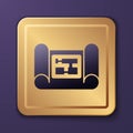 Purple House plan icon isolated on purple background. Gold square button. Vector Illustration Royalty Free Stock Photo