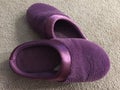 Purple house slippers left on the floor.