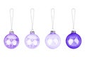 Purple ÃÂ¡hristmas tree decoration set white background isolated closeup, violet transparent glass balls hang on thread collection Royalty Free Stock Photo