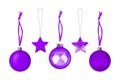 Purple ÃÂ¡hristmas tree decorations set white background isolated closeup, hanging glass balls stars collection, New Year holiday Royalty Free Stock Photo