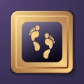 Purple Human footprint icon isolated on purple background. Trace of human foot. Gold square button. Vector