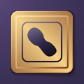 Purple Human footprints shoes icon isolated on purple background. Shoes sole. Gold square button. Vector