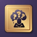 Purple Human head with question mark icon isolated on purple background. Gold square button. Vector