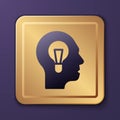 Purple Human with lamp bulb icon isolated on purple background. Concept of idea. Gold square button. Vector Royalty Free Stock Photo