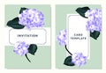 Purple hydrangea and Philodendron silk leaves on light green background, invitation card template Royalty Free Stock Photo