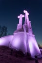 Purple Illuminated Monument of Three Crosses in Vilnius Royalty Free Stock Photo