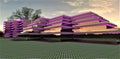 Purple illumination of the exterior of an exclusive luxury hotel. A small investment dramatically increases the attractiveness of