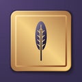 Purple Indian feather icon isolated on purple background. Native american ethnic symbol feather. Gold square button