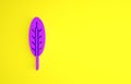 Purple Indian feather icon isolated on yellow background. Native american ethnic symbol feather. Minimalism concept. 3d