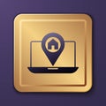 Purple Infographic of city map navigation icon isolated on purple background. Laptop App Interface concept design