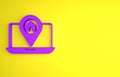 Purple Infographic of city map navigation icon isolated on yellow background. Laptop App Interface concept design