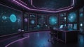 office of the developers of the metauniverse, with large screens lit by purple neon light Royalty Free Stock Photo