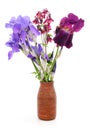 Purple irises and bells in a vase