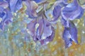 Purple irises on a colorful background, oil painting, fragment