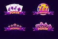 Purple jackpot and POKER emblem. Icons for lottery or casino, slot icon with ribbon and 777. Vector Isolated four emblem Royalty Free Stock Photo