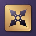 Purple Japanese ninja shuriken icon isolated on purple background. Gold square button. Vector