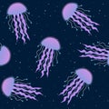 Purple jellyfish on a dark blue background seamless pattern underwater sea medusa fluorescent srar vector