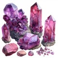 Purple jewel stones. Watercolor magic amethyst crystals, shiny prismatic glass stones, hand drawn watercolor gemstones