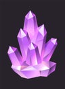 Purple jewelry cartoon gems. Crystal stalagmites and stalactites, colorful 3d luxury quartz, neon glowing amethyst or
