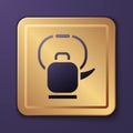 Purple Kettle with handle icon isolated on purple background. Teapot icon. Gold square button. Vector Illustration