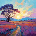 Purple Sunset: Abstract Post-impressionism Landscape Painting