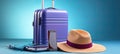 Purple large suitcase on wheels hat and smartphone on a blue background. The concept of future travel. Generated by And Royalty Free Stock Photo