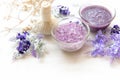 Purple Lavender aromatherapy Spa with salt and treatment for body. Thai Spa relax massage. Royalty Free Stock Photo