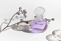 Purple lavender smell perfume cosmetic beauty glass mockup bottle with dried flower flora on white background