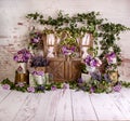 Purple lavender spring sett up with colourful flowers pink , purple, vintage wood parquet Royalty Free Stock Photo