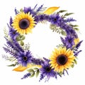 Purple And Lavender Sunflower Wreath On White Background