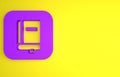 Purple Law book icon isolated on yellow background. Legal judge book. Judgment concept. Minimalism concept. 3D render